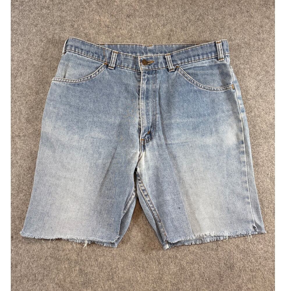 VINTAGE 80s Levis Jean Shorts Mens Size 33 Blue Denim Cut Off Frayed Orange Tab